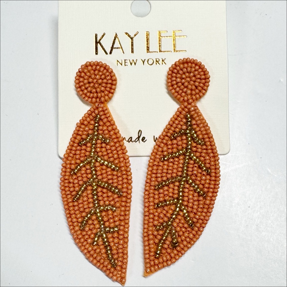 Kay Lee New York | Handmade Orange Beaded Leaf Earrings -Boho Tropical | NWT